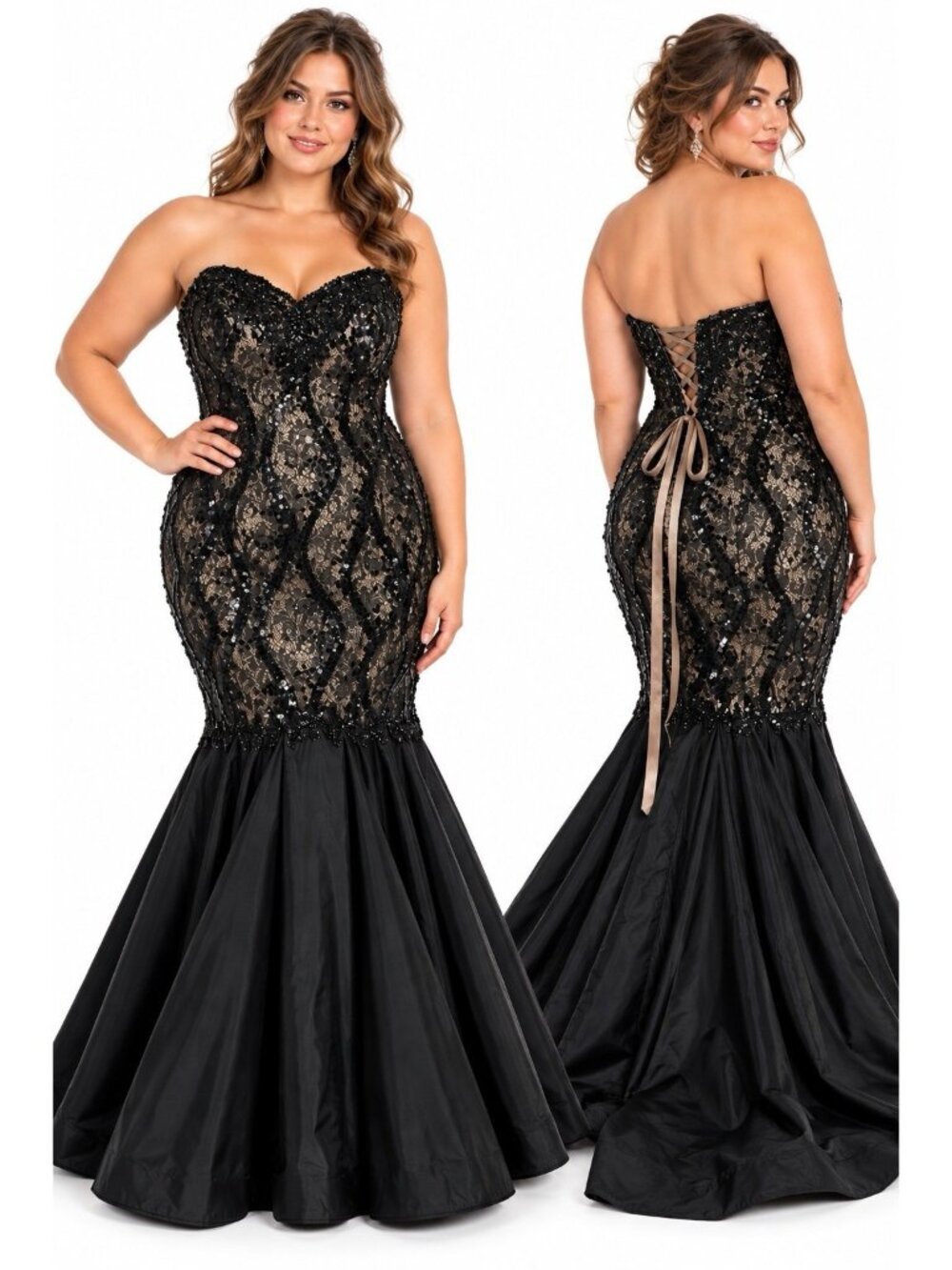 MAC DUGGAL strapless lace black dress plus size 26 corset prom formal evening